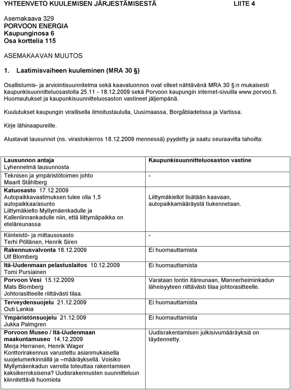 2009 sekä Porvoon kaupungin internetsivuilla www.porvoo.fi. Huomautukset ja kaupunkisuunnitteluosaston vastineet jäljempänä.