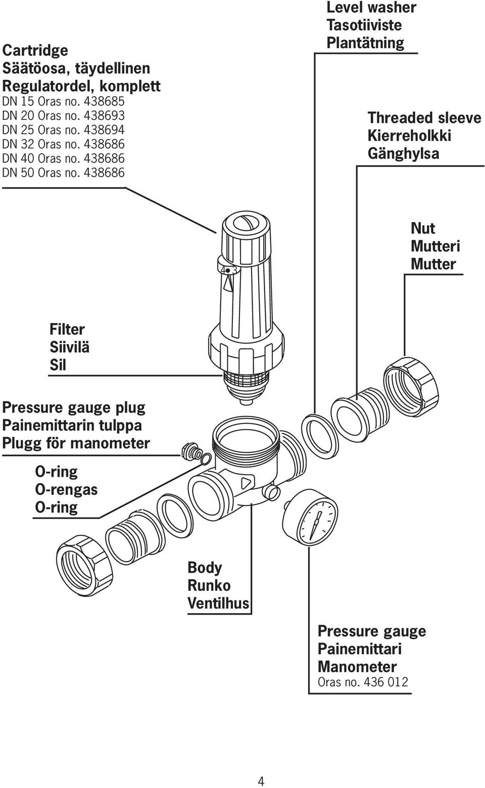 438686 Level washer Tasotiiviste Plantätning Threaded sleeve Kierreholkki Gänghylsa 4 3 Nut Mutteri Mutter Filter
