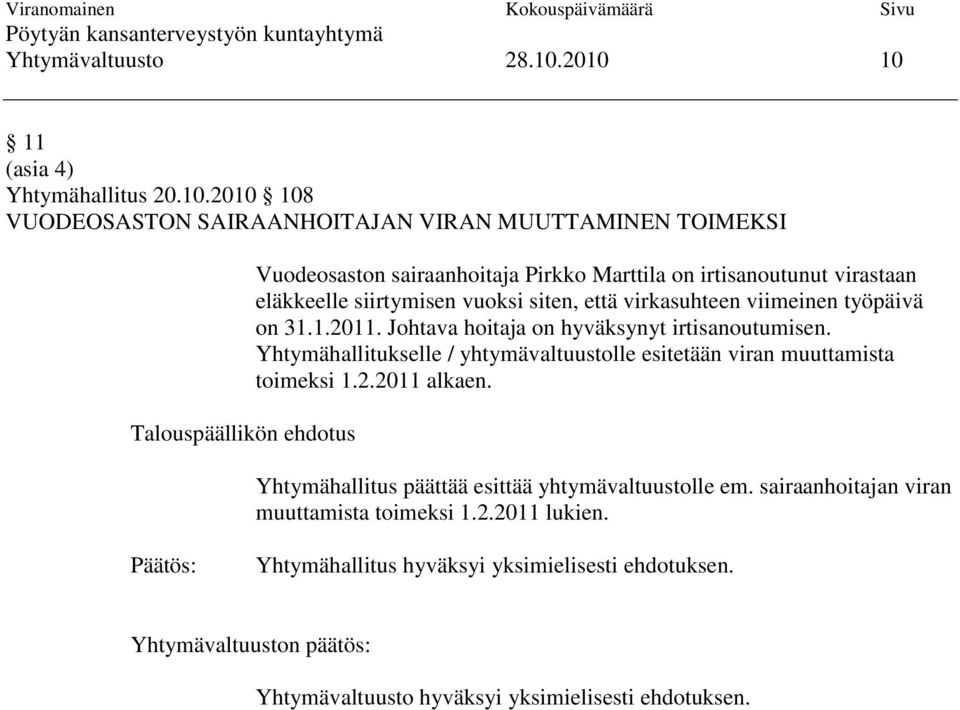 on irtisanoutunut virastaan eläkkeelle siirtymisen vuoksi siten, että virkasuhteen viimeinen työpäivä on 31.1.2011. Johtava hoitaja on hyväksynyt irtisanoutumisen.