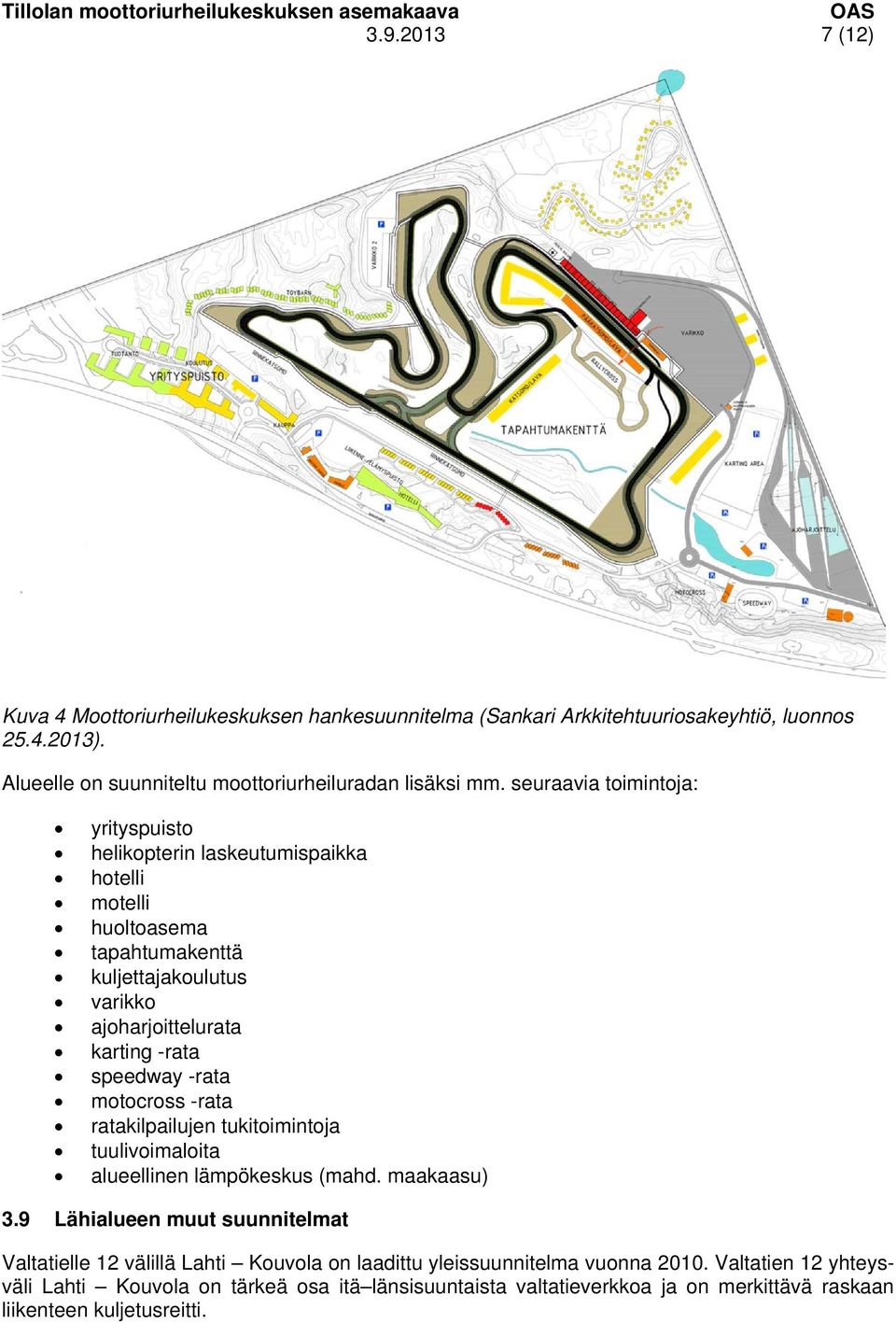 seuraavia toimintoja: yrityspuisto helikopterin laskeutumispaikka hotelli motelli huoltoasema tapahtumakenttä kuljettajakoulutus varikko ajoharjoittelurata karting -rata speedway -rata