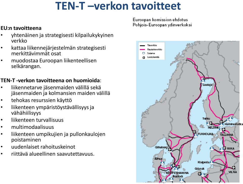 TEN-T -verkon tavoitteena on huomioida: liikennetarve jäsenmaiden välillä sekä jäsenmaiden ja kolmansien maiden välillä tehokas resurssien