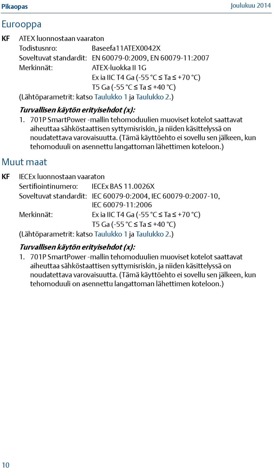 701P SmartPower -mallin tehomoduulien muoviset kotelot saattavat aiheuttaa sähköstaattisen syttymisriskin, ja niiden käsittelyssä on noudatettava varovaisuutta.