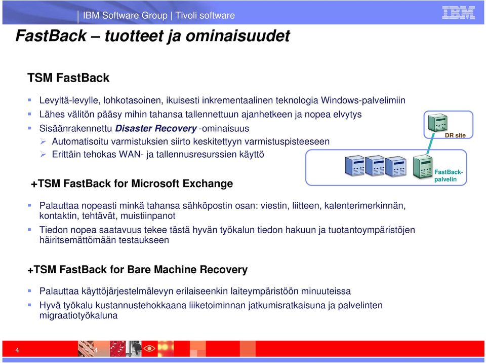 Microsoft Exchange Sovellus/ tiedosto - palvelimet Replikointi DR site FastBackpalvelin Palauttaa nopeasti minkä tahansa sähköpostin osan: viestin, liitteen, kalenterimerkinnän, kontaktin, tehtävät,