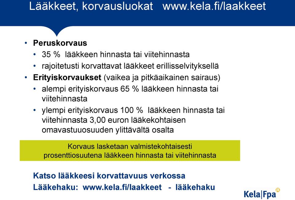 (vaikea ja pitkäaikainen sairaus) alempi erityiskorvaus 65 % lääkkeen hinnasta tai viitehinnasta ylempi erityiskorvaus 100 % lääkkeen