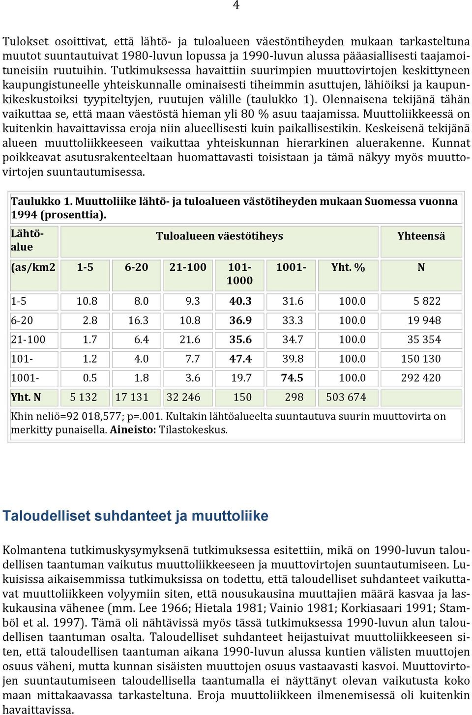(taulukko 1). Olennaisena tekijänä tähän vaikuttaa se, että maan väestöstä hieman yli 80 % asuu taajamissa. Muuttoliikkeessä on kuitenkin havaittavissa eroja niin alueellisesti kuin paikallisestikin.