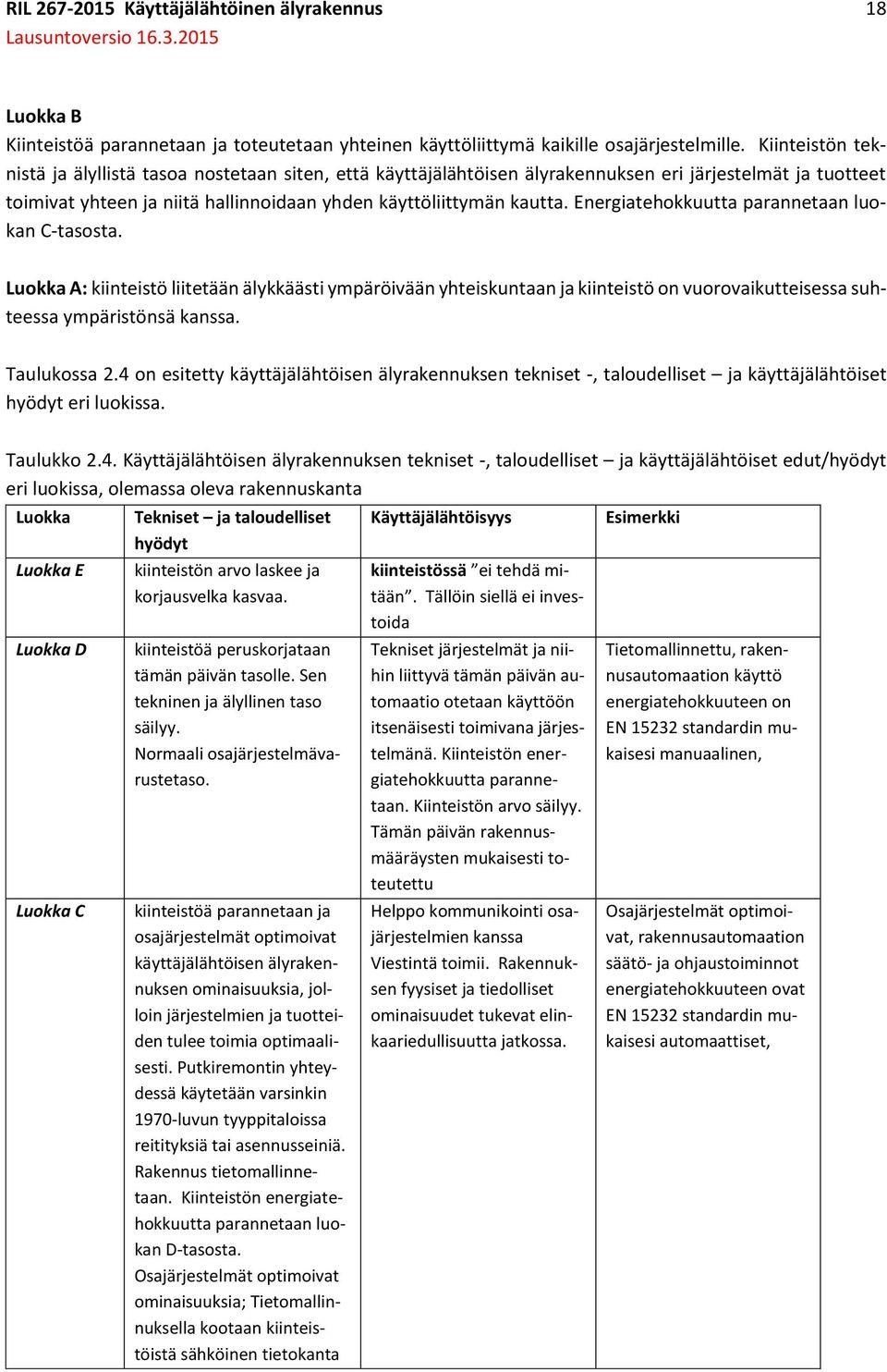 Energiatehokkuutta parannetaan luokan C-tasosta. Luokka A: kiinteistö liitetään älykkäästi ympäröivään yhteiskuntaan ja kiinteistö on vuorovaikutteisessa suhteessa ympäristönsä kanssa. Taulukossa 2.