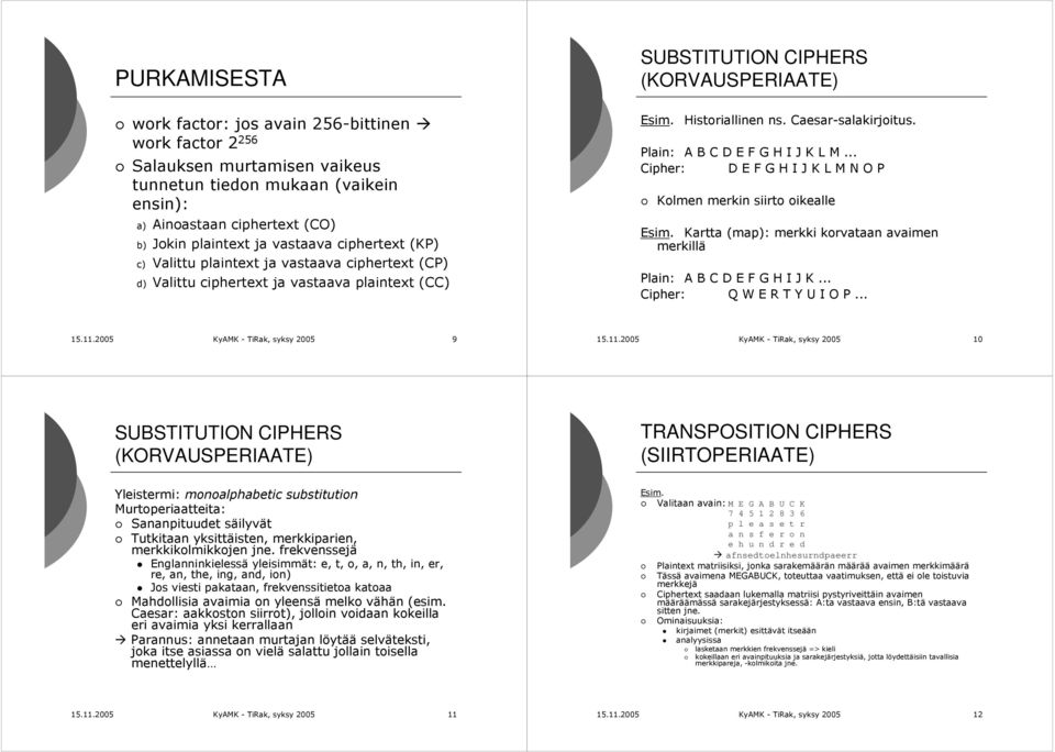 Plain: A B C D E F G H I J K L M... Cipher: D E F G H I J K L M N O P Kolmen merkin siirto oikealle Esim. Kartta (map): merkki korvataan avaimen merkillä Plain: A B C D E F G H I J K.