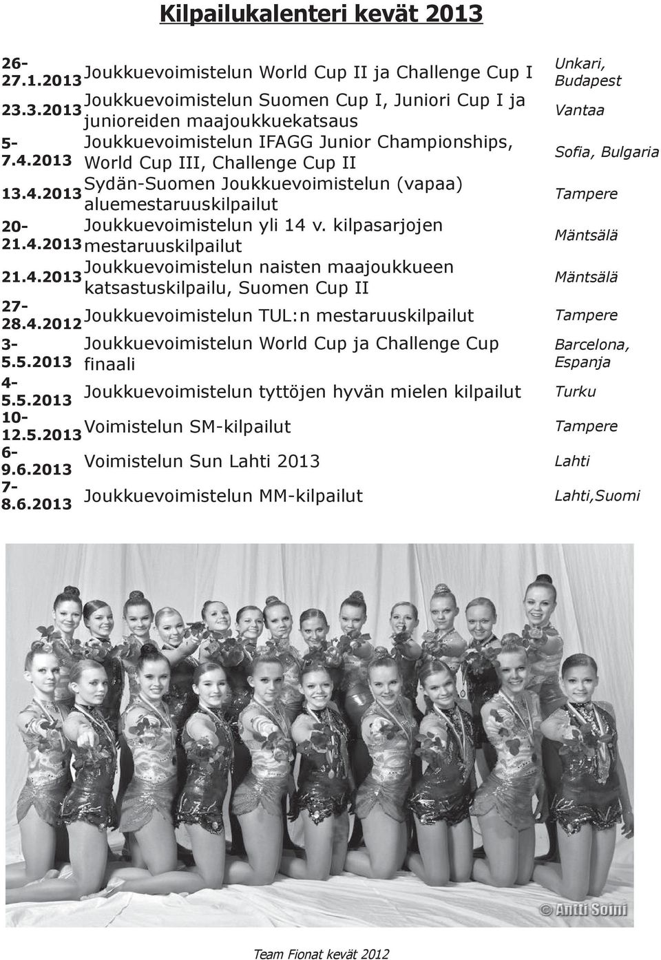 4.2013 katsastuskilpailu, Suomen Cup II Mäntsälä 27- Joukkuevoimistelun TUL:n mestaruuskilpailut 28.4.2012 Tampere 3-5.
