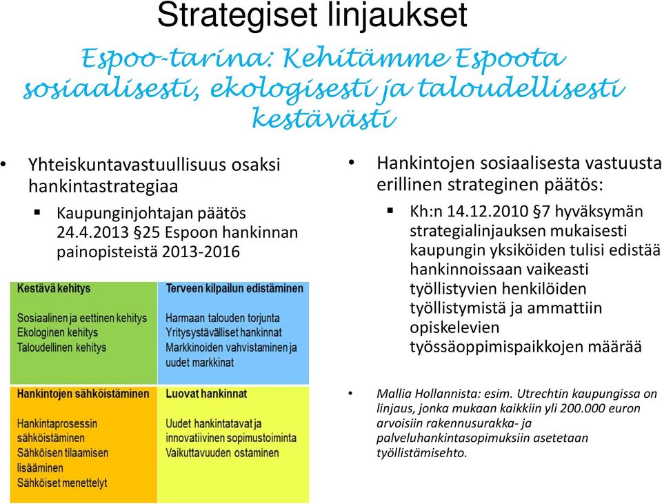 2010 7 hyväksymän strategialinjauksen mukaisesti kaupungin yksiköiden tulisi edistää hankinnoissaan vaikeasti työllistyvien henkilöiden työllistymistä ja ammattiin opiskelevien