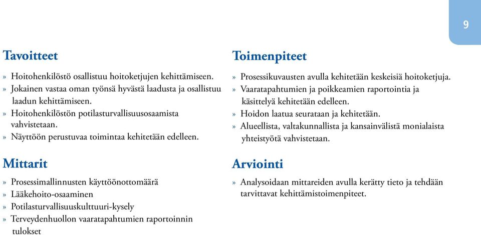 Mittarit» Prosessimallinnusten käyttöönottomäärä» Lääkehoito-osaaminen» Potilasturvallisuuskulttuuri-kysely» Terveydenhuollon vaaratapahtumien raportoinnin tulokset Toimenpiteet» Prosessikuvausten