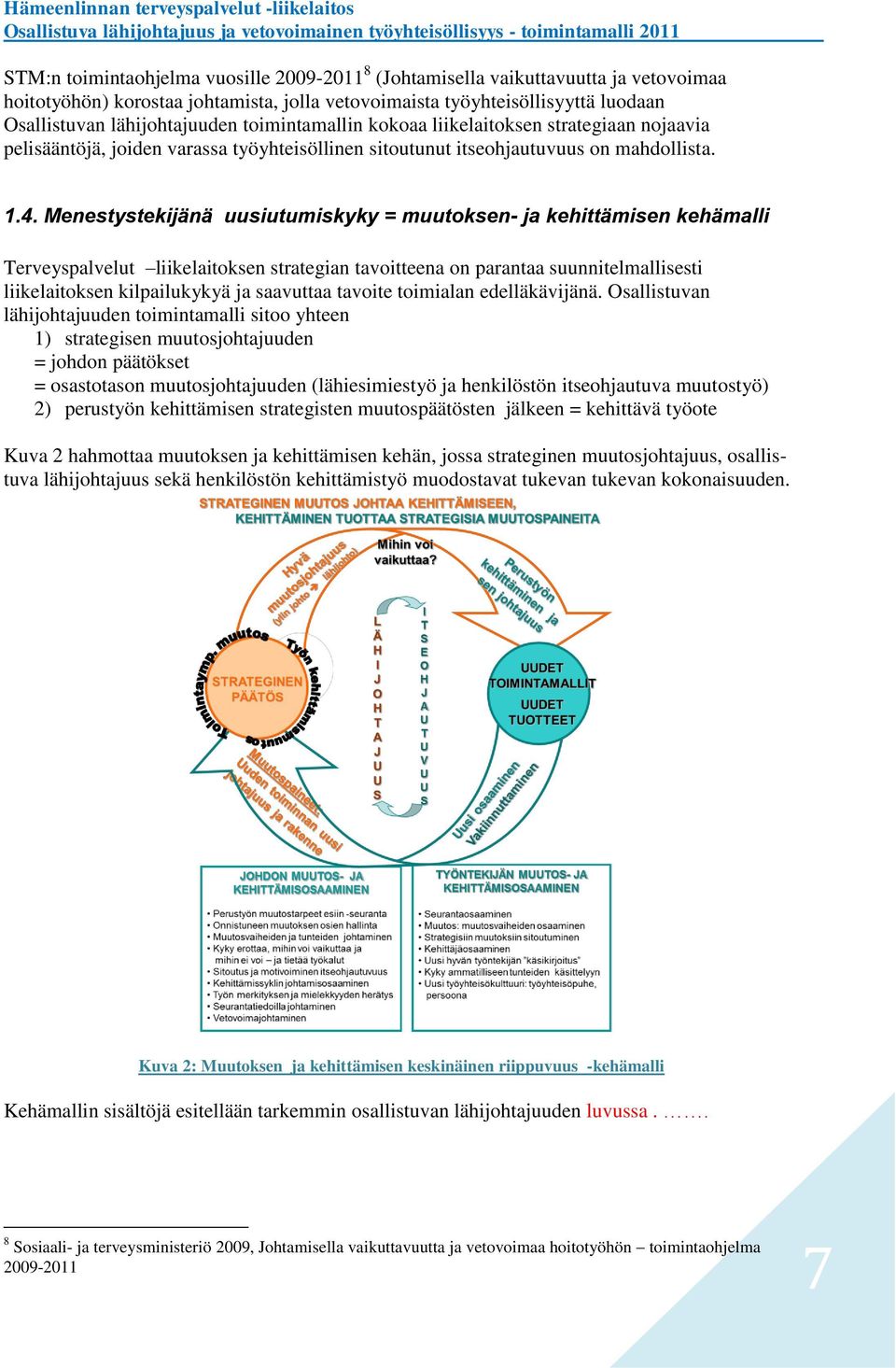 Menestystekijänä uusiutumiskyky = muutoksen- ja kehittämisen kehämalli Terveyspalvelut liikelaitoksen strategian tavoitteena on parantaa suunnitelmallisesti liikelaitoksen kilpailukykyä ja saavuttaa