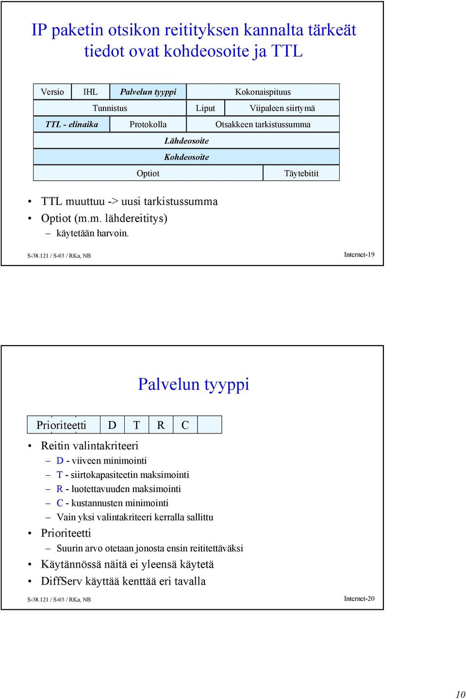 Täytebitit Internet-19 Palvelun tyyppi Prioriteetti D T R C Reitin valintakriteeri D - viiveen minimointi T - siirtokapasiteetin maksimointi R - luotettavuuden maksimointi C -