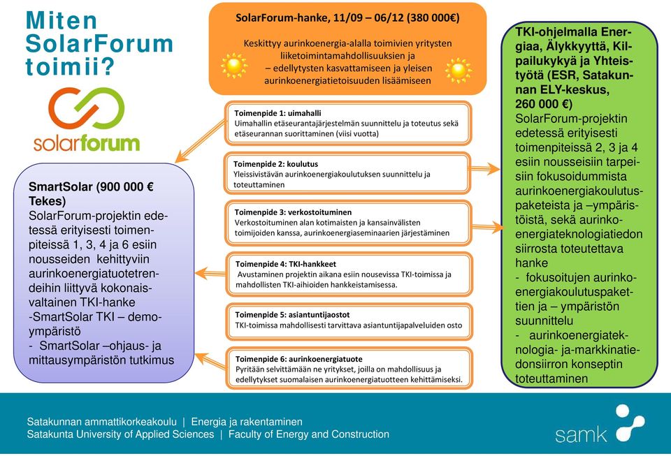 -SmartSolar TKI demoympäristö - SmartSolar ohjaus- ja mittausympäristön tutkimus SolarForum hanke, 11/09 06/12 (380 000 ) Keskittyy aurinkoenergia alalla toimivien yritysten