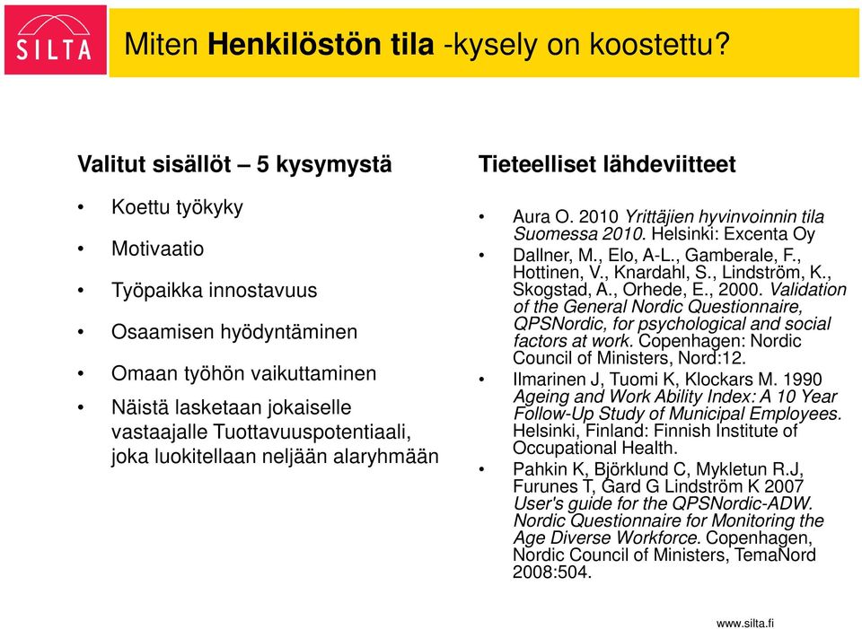 luokitellaan neljään alaryhmään Tieteelliset lähdeviitteet Aura O. 2010 Yrittäjien hyvinvoinnin tila Suomessa 2010. Helsinki: Excenta Oy Dallner, M., Elo, A-L., Gamberale, F., Hottinen, V.