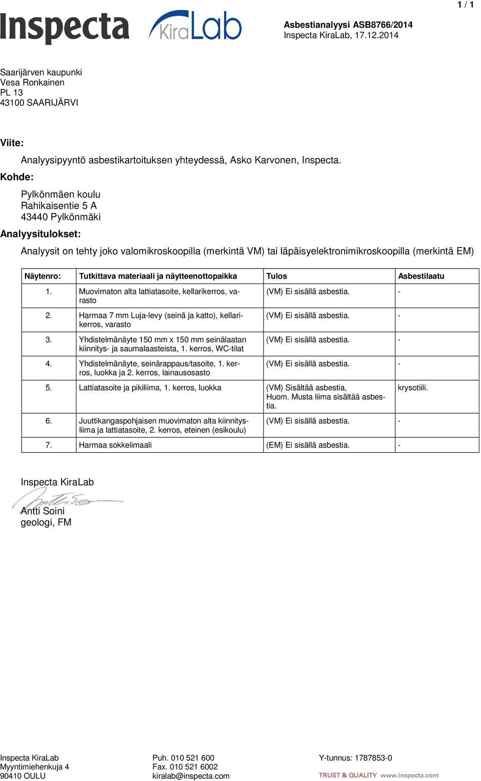 Rahikaisentie 5 A 43440 Pylkönmäki Analyysitulokset: Analyysit on tehty joko valomikroskoopilla (merkintä VM) tai läpäisyelektronimikroskoopilla (merkintä EM) Näytenro: Tutkittava materiaali ja