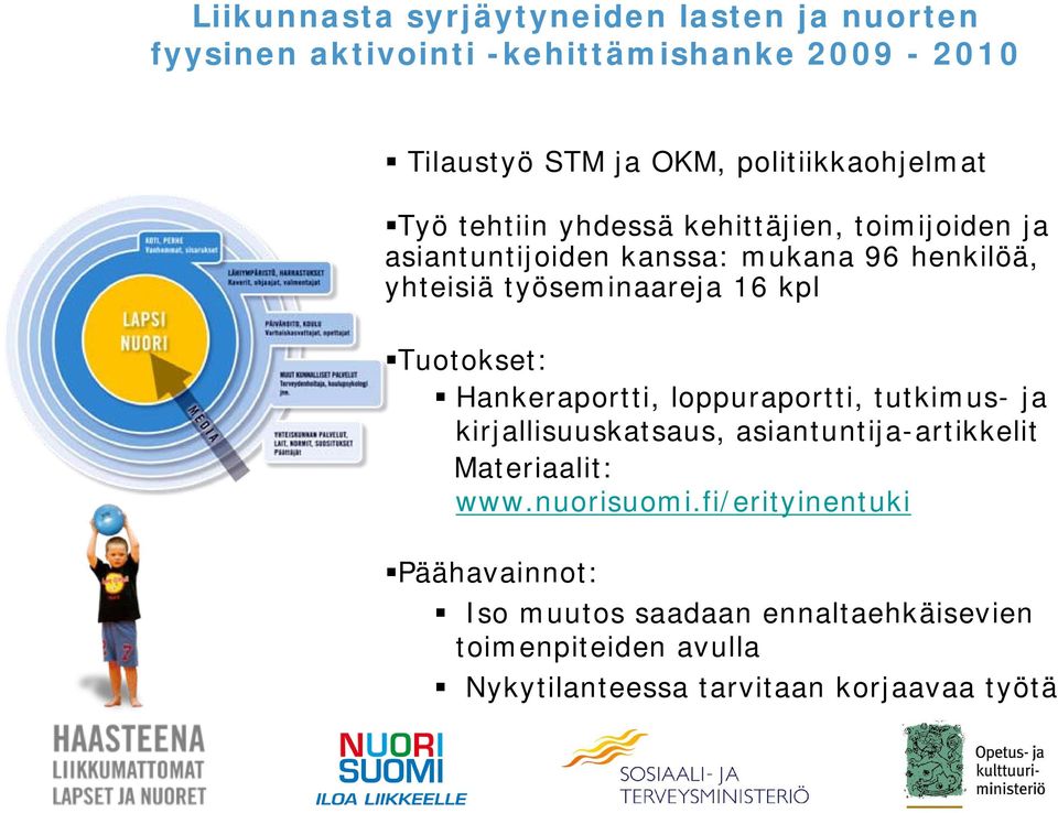 työseminaareja 16 kpl Tuotokset: Hankeraportti, loppuraportti, tutkimus- ja kirjallisuuskatsaus, asiantuntija-artikkelit