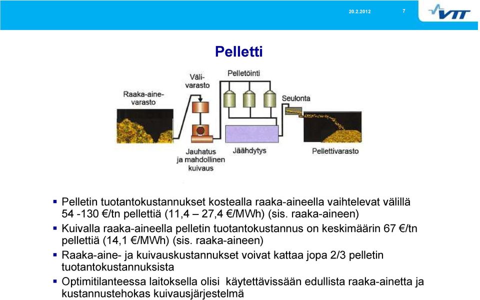 raaka-aineen) Kuivalla raaka-aineella pelletin tuotantokustannus on keskimäärin 67 /tn pellettiä (14,1 /MWh) (sis.