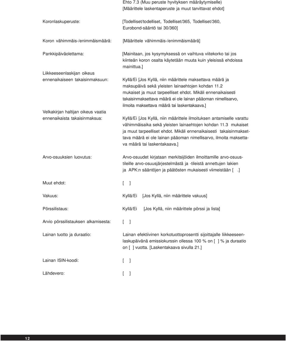 30/360] Koron vähimmäis-/enimmäismäärä: [Määrittele vähimmäis-/enimmäismäärä] Pankkipäiväolettama: Liikkeeseenlaskijan oikeus ennenaikaiseen takaisinmaksuun: Velkakirjan haltijan oikeus vaatia