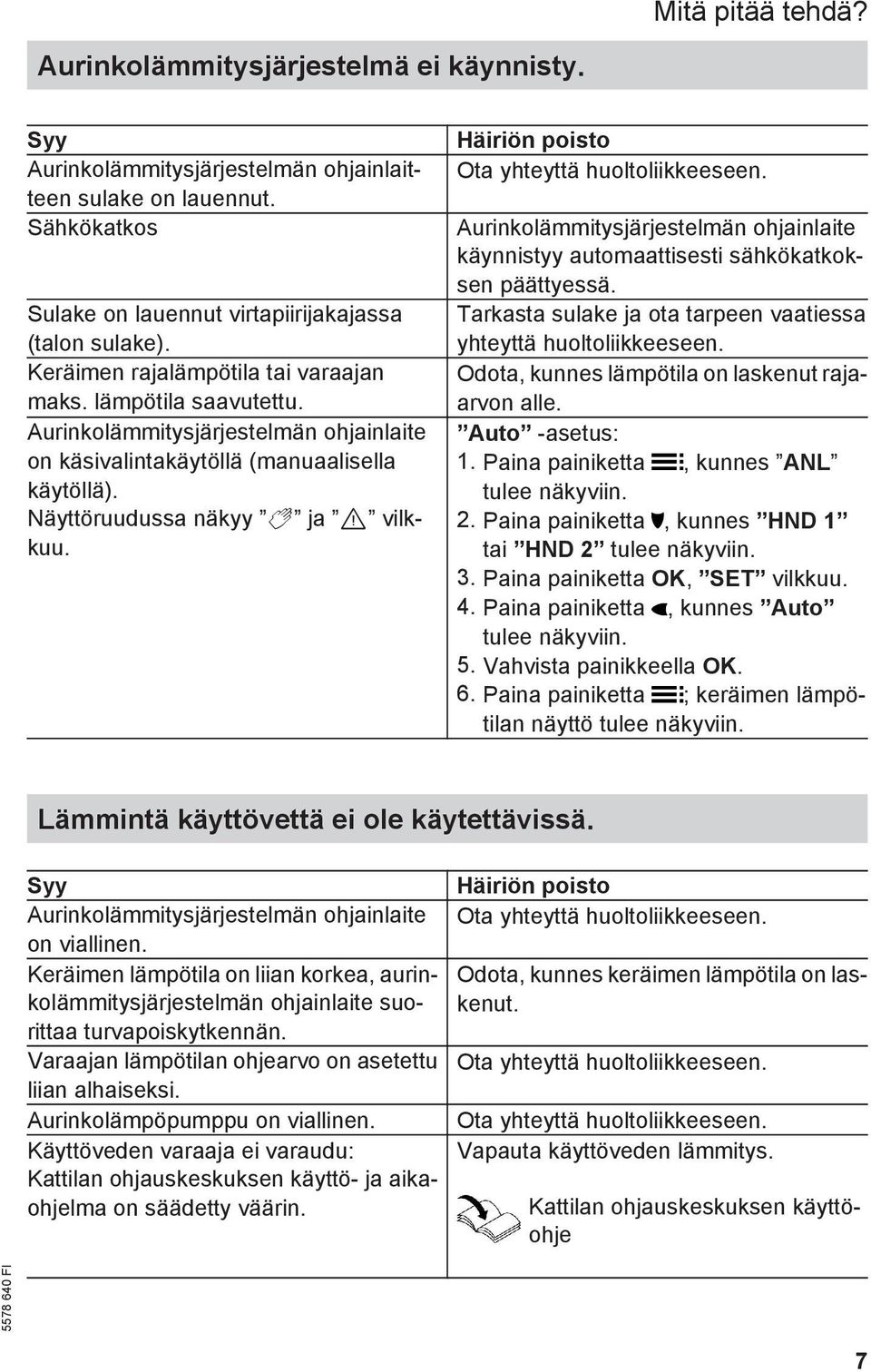 Häiriön poisto Ota yhteyttä huoltoliikkeeseen. Aurinkolämmitysjärjestelmän ohjainlaite käynnistyy automaattisesti sähkökatkoksen päättyessä.