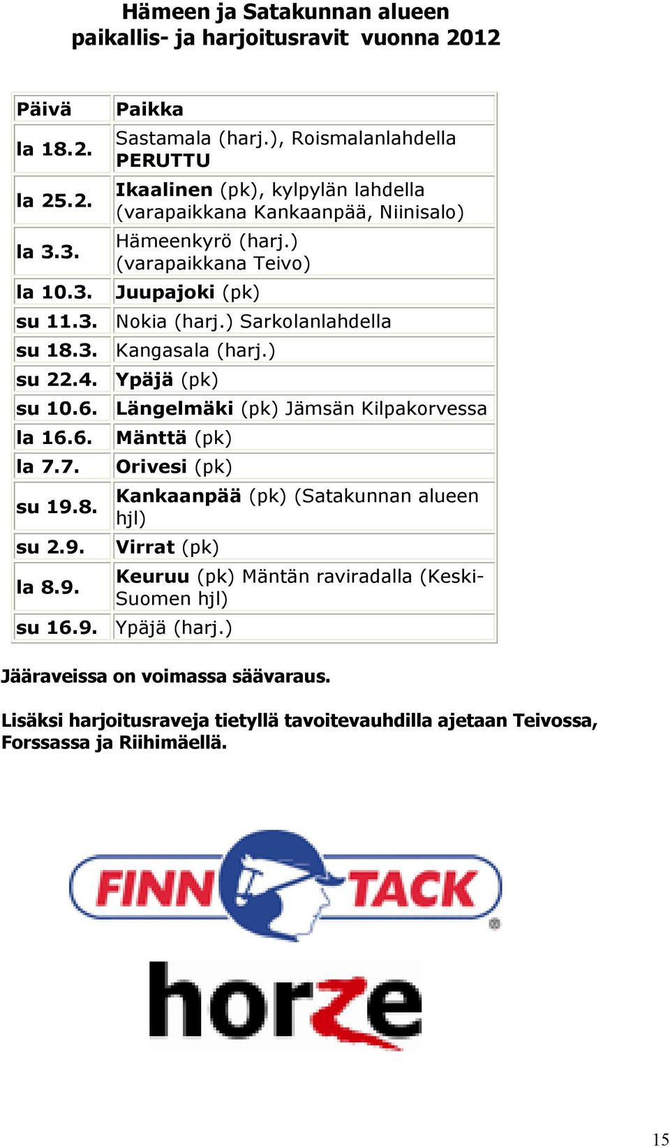) Sarkolanlahdella su 18.3. Kangasala (harj.) su 22.4. Ypäjä (pk) su 10.6. Längelmäki (pk) Jämsän Kilpakorvessa la 16.6. la 7.7. su 19.
