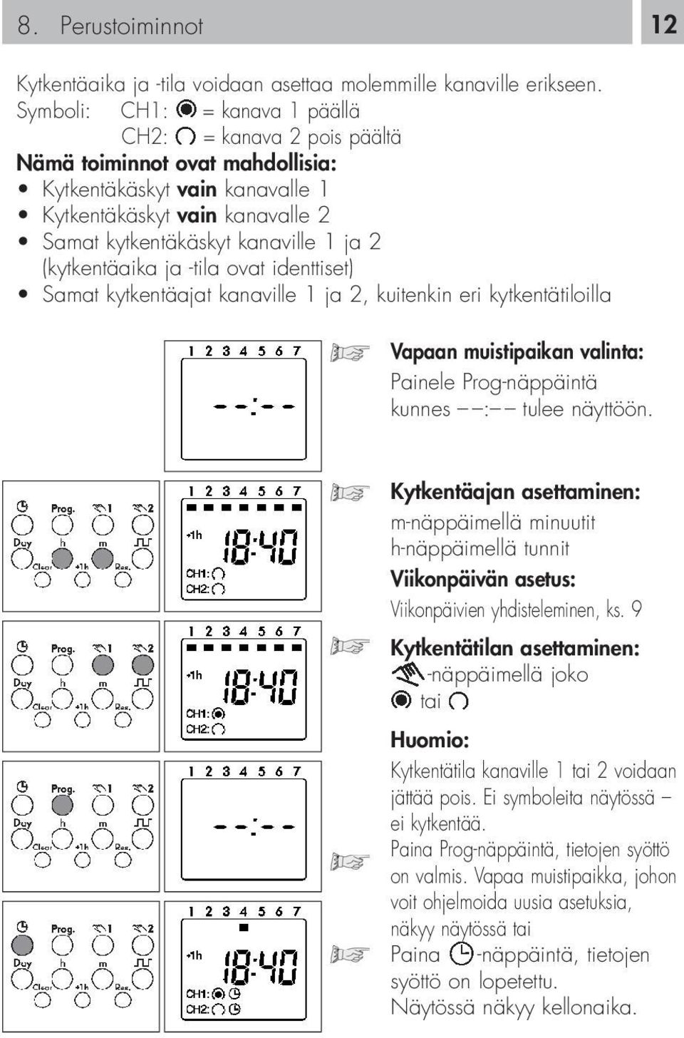 (kytkentäaika ja -tila ovat identtiset) Samat kytkentäajat kanaville 1 ja 2, kuitenkin eri kytkentätiloilla Vapaan muistipaikan valinta: Painele Prog-näppäintä kunnes : tulee näyttöön.