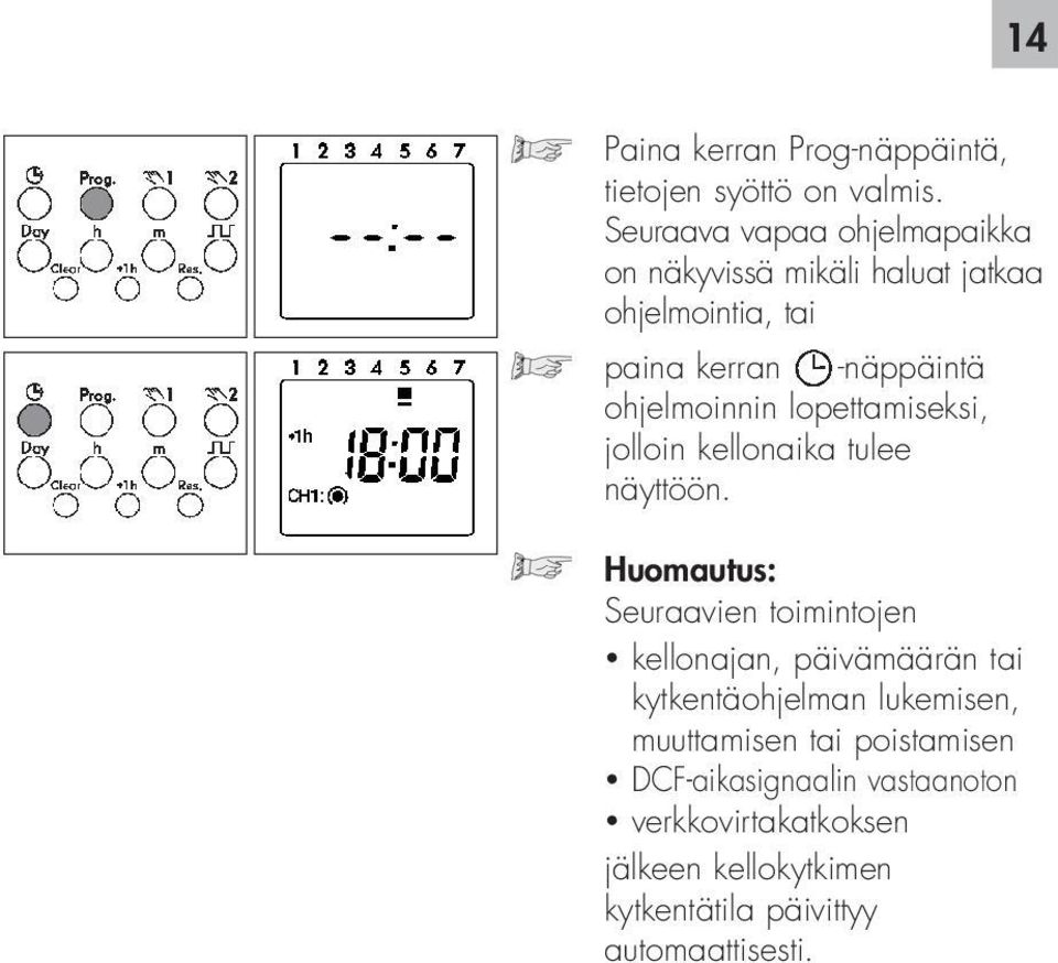 ohjelmoinnin lopettamiseksi, jolloin kellonaika tulee näyttöön.