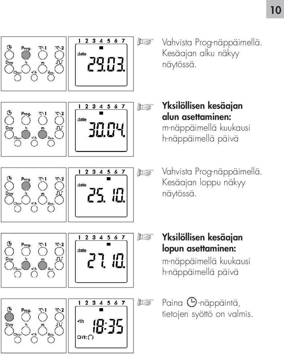 Vahvista Prog-näppäimellä. Kesäajan loppu näkyy näytössä.