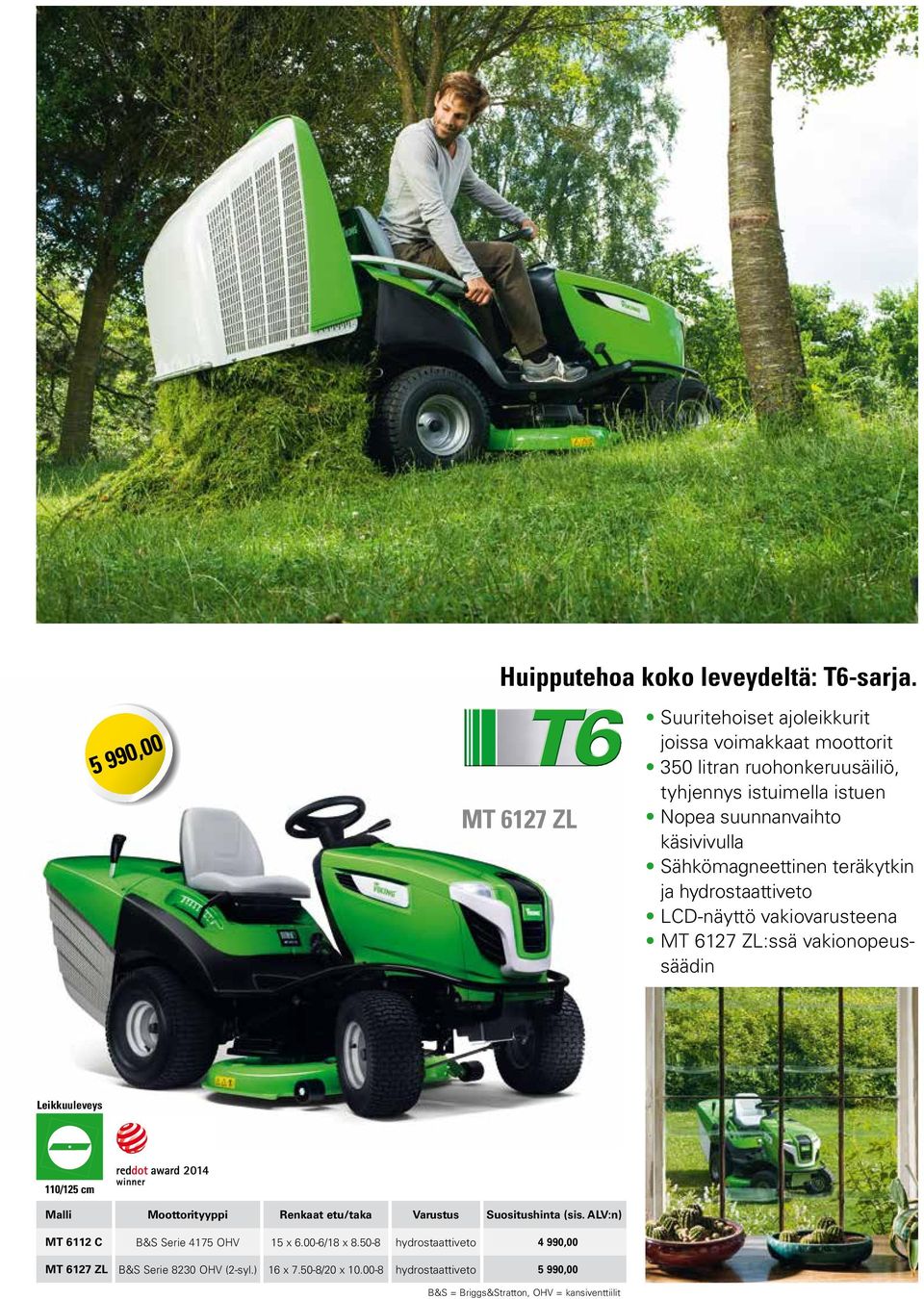 käsivivulla Sähkömagneettinen teräkytkin ja hydrostaattiveto LCD-näyttö vakiovarusteena MT 6127 ZL:ssä vakionopeussäädin 110/125 cm Malli Moottorityyppi