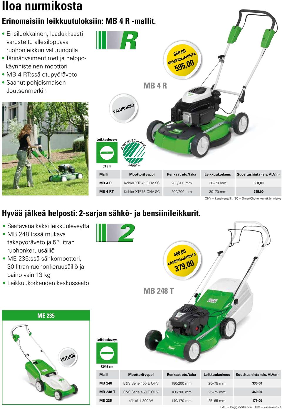 660,00 595,00 NEU VALURUNKO NORDIC ECOLABEL 53 cm 340012 Malli Moottorityyppi Renkaat etu/taka Leikkuukorkeus Suositushinta (sis.