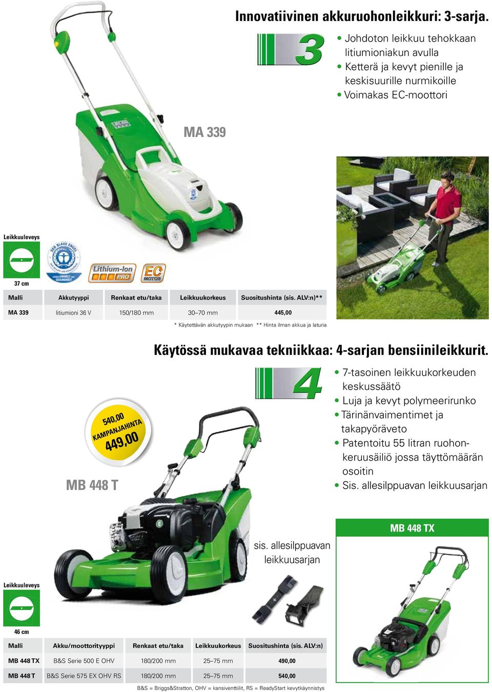 Suositushinta (sis. ALV:n)** MA 339 litiumioni 36 V 150/180 mm 30 70 mm 445,00 * Käytettävän akkutyypin mukaan ** Hinta ilman akkua ja laturia Käytössä mukavaa tekniikkaa: 4-sarjan bensiinileikkurit.