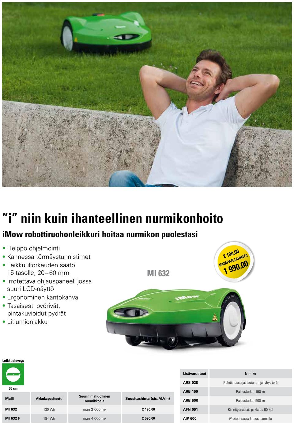 Lisävarusteet Nimike 30 cm Malli Akkukapasiteetti Suurin mahdollinen nurmikkoala Suositushinta (sis.