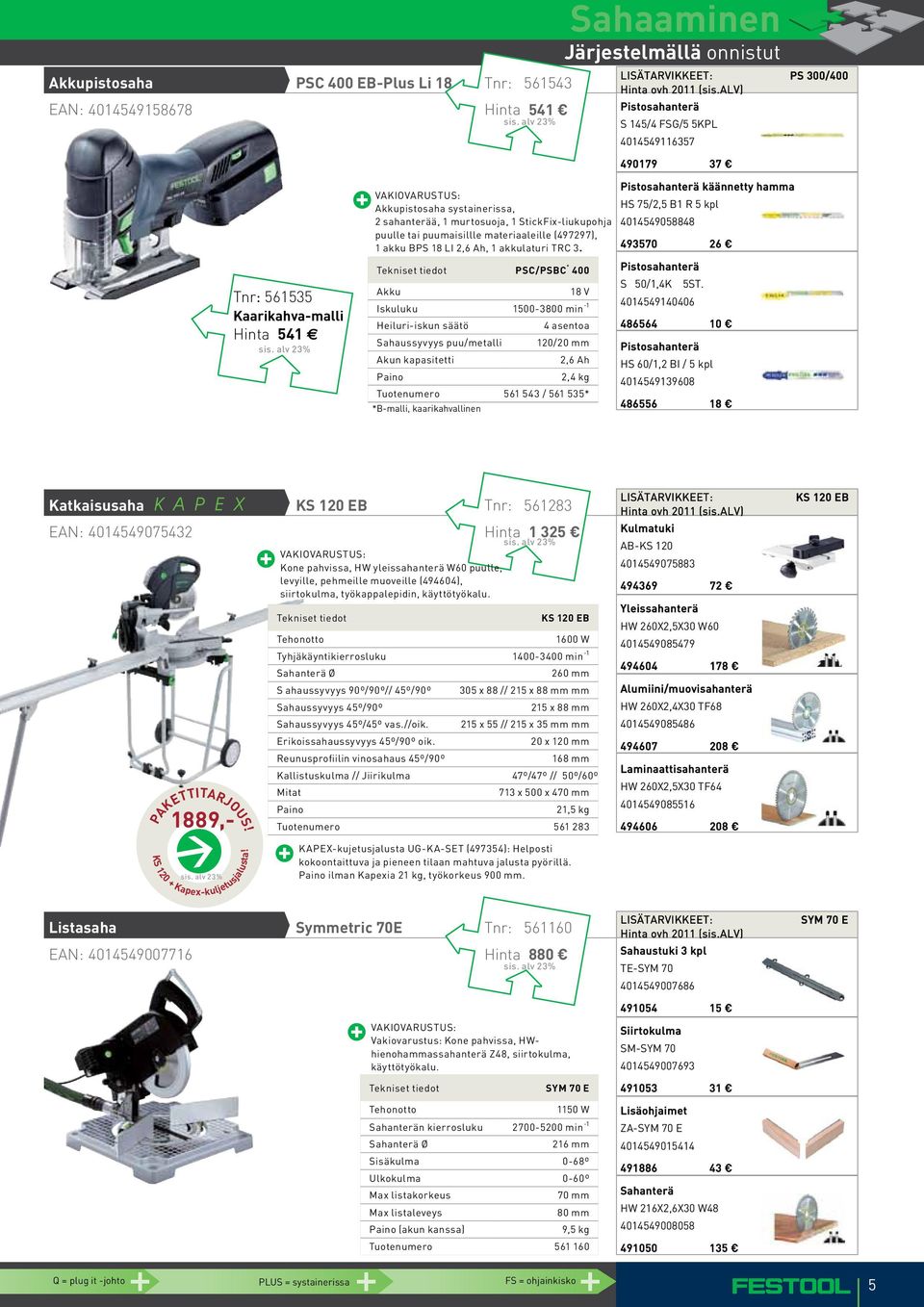 PSC/PSBC * 400 Akku 18 V Iskuluku 1500-3800 min -1 Heiluri-iskun säätö 4 asentoa Sahaussyvyys puu/metalli 120/20 mm Akun kapasitetti 2,6 Ah 2,4 kg Tuotenumero 561 543 / 561 535* *B-malli,