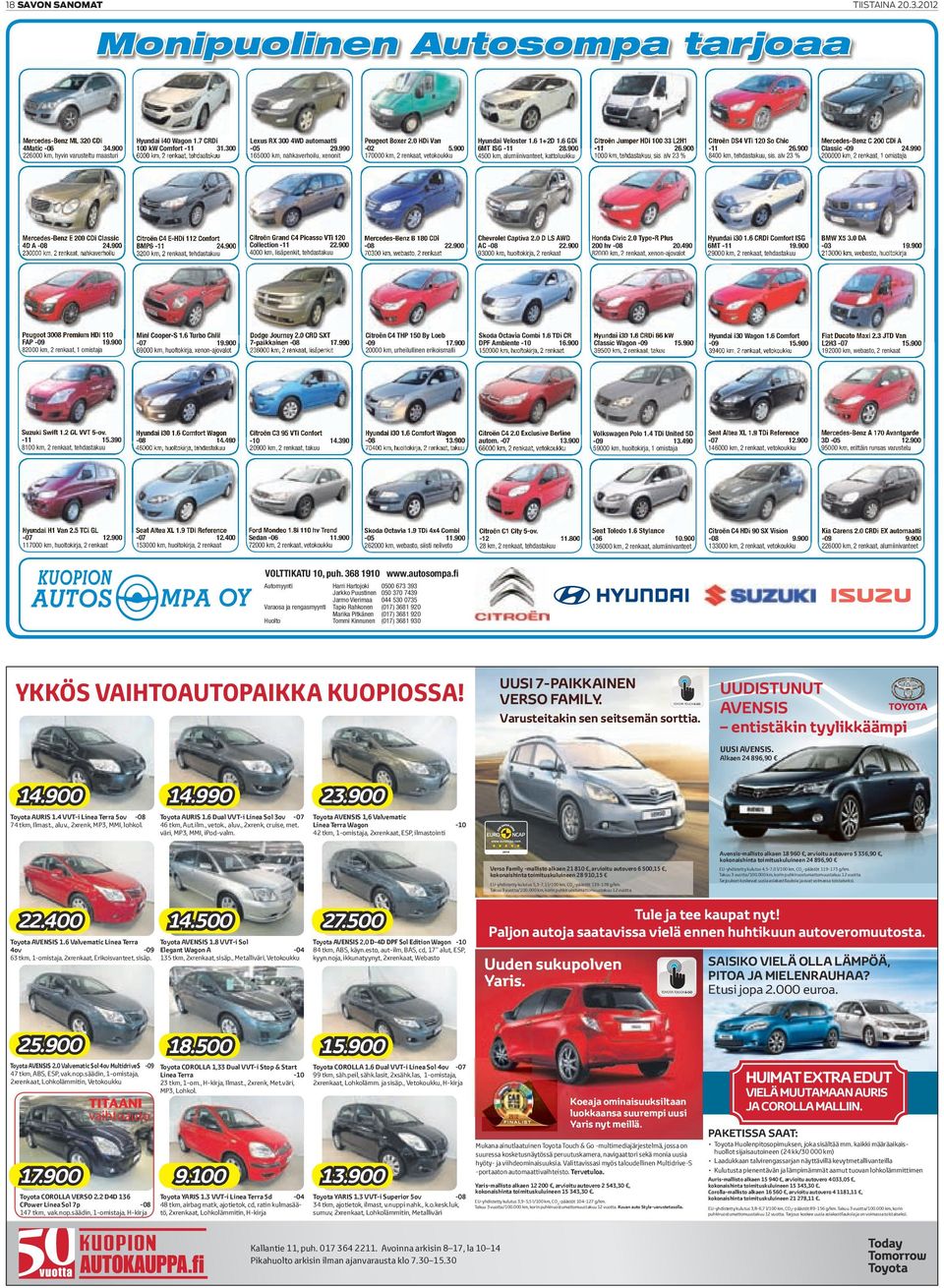 6 12D 1.6 GDi 6MT ISG -11 28.900 4500 km, alumiinivanteet, kattoluukku Citroën Jumper HDi 100 33 L2H1-11 26.900 1000 km, tehdastakuu, sis. alv 23 % Citroën DS4 VTi 120 So Chic -11 26.