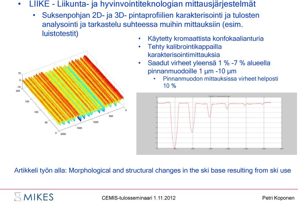 luistotestit) Käytetty kromaattista konfokaalianturia Tehty kalibrointikappailla karakterisointimittauksia Saadut virheet