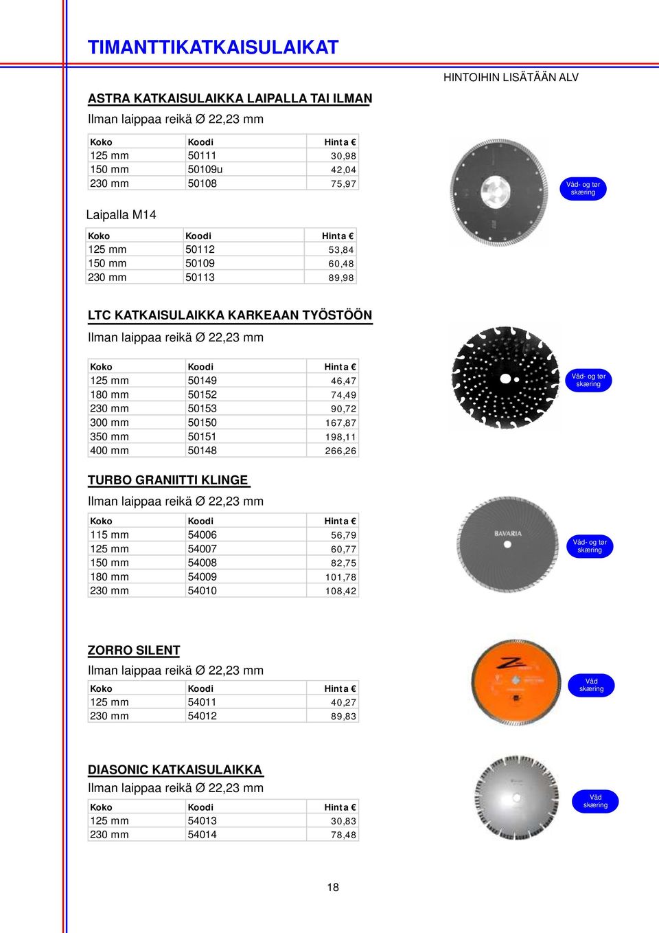 50151 198,11 400 mm 50148 266,26 Våd- og tør skæring TURBO GRANIITTI KLINGE Ilman laippaa reikä Ø 22,23 mm 115 mm 54006 56,79 125 mm 54007 60,77 150 mm 54008 82,75 180 mm 54009 101,78 230 mm 54010