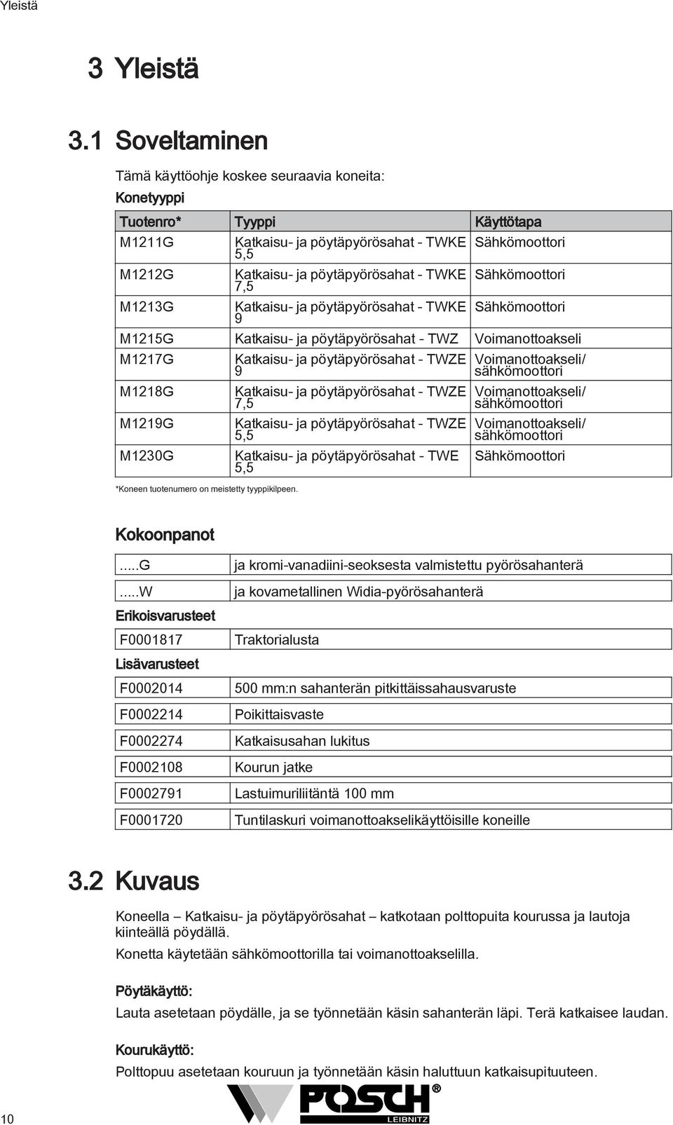 pöytäpyörösahat - TWKE 9 Sähkömoottori Sähkömoottori Sähkömoottori M5G Katkaisu- ja pöytäpyörösahat - TWZ Voimanottoakseli M7G M8G M9G M30G *Koneen tuotenumero on meistetty tyyppikilpeen.