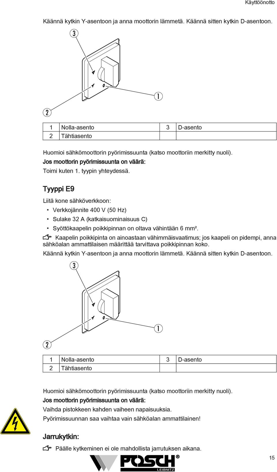 Tyyppi E9 Liitä kone sähköverkkoon: Verkkojännite 400 V (50 Hz) Sulake 3 A (katkaisuominaisuus C) Syöttökaapelin poikkipinnan on oltava vähintään 6 mm².