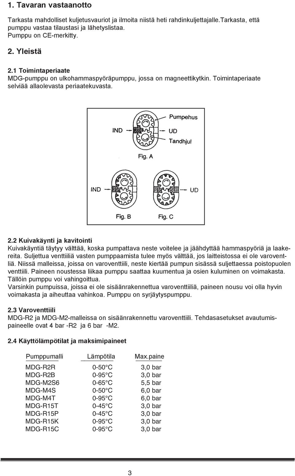 2 Kuivakäynti ja kavitointi Kuivakäyntiä täytyy välttää, koska pumpattava neste voitelee ja jäähdyttää hammaspyöriä ja laakereita.