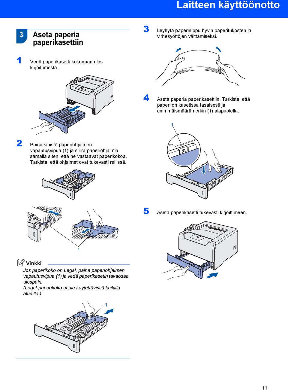 1 2 Paina sinistä paperiohjaimen vapautusvipua (1) ja siirrä paperiohjaimia samalla siten, että ne vastaavat paperikokoa. Tarkista, että ohjaimet ovat tukevasti rei issä.