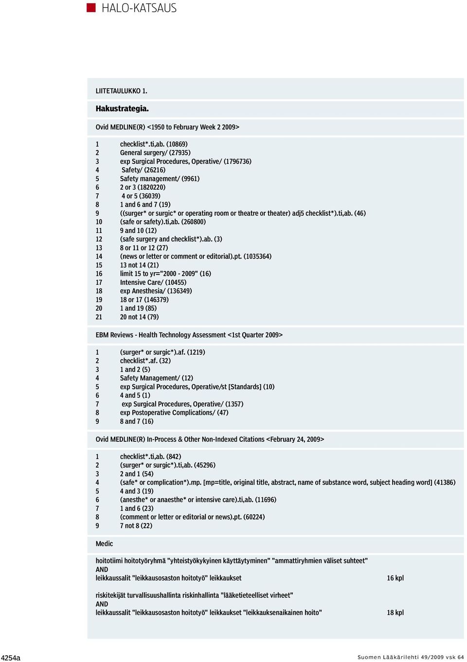 or surgic* or operating room or theatre or theater) adj5 checklist*).ti,ab. (46) 10 (safe or safety).ti,ab. (260800) 11 9 and 10 (12) 12 (safe surgery and checklist*).ab. (3) 13 8 or 11 or 12 (27) 14 (news or letter or comment or editorial).