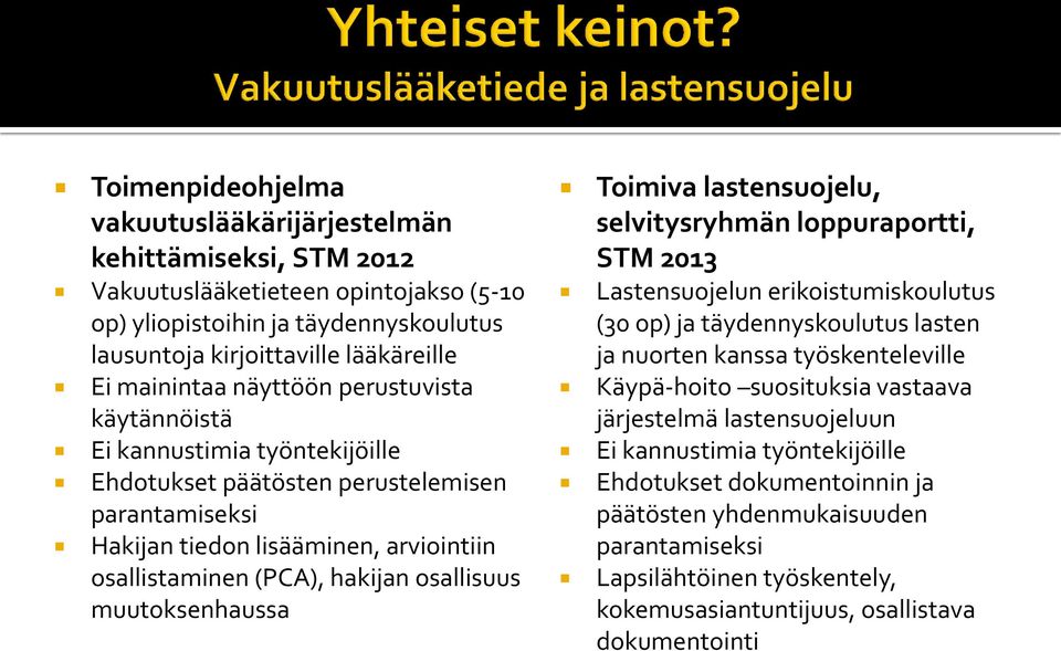 muutoksenhaussa Toimiva lastensuojelu, selvitysryhmän loppuraportti, STM 2013 Lastensuojelun erikoistumiskoulutus (30 op) ja täydennyskoulutus lasten ja nuorten kanssa työskenteleville Käypä-hoito