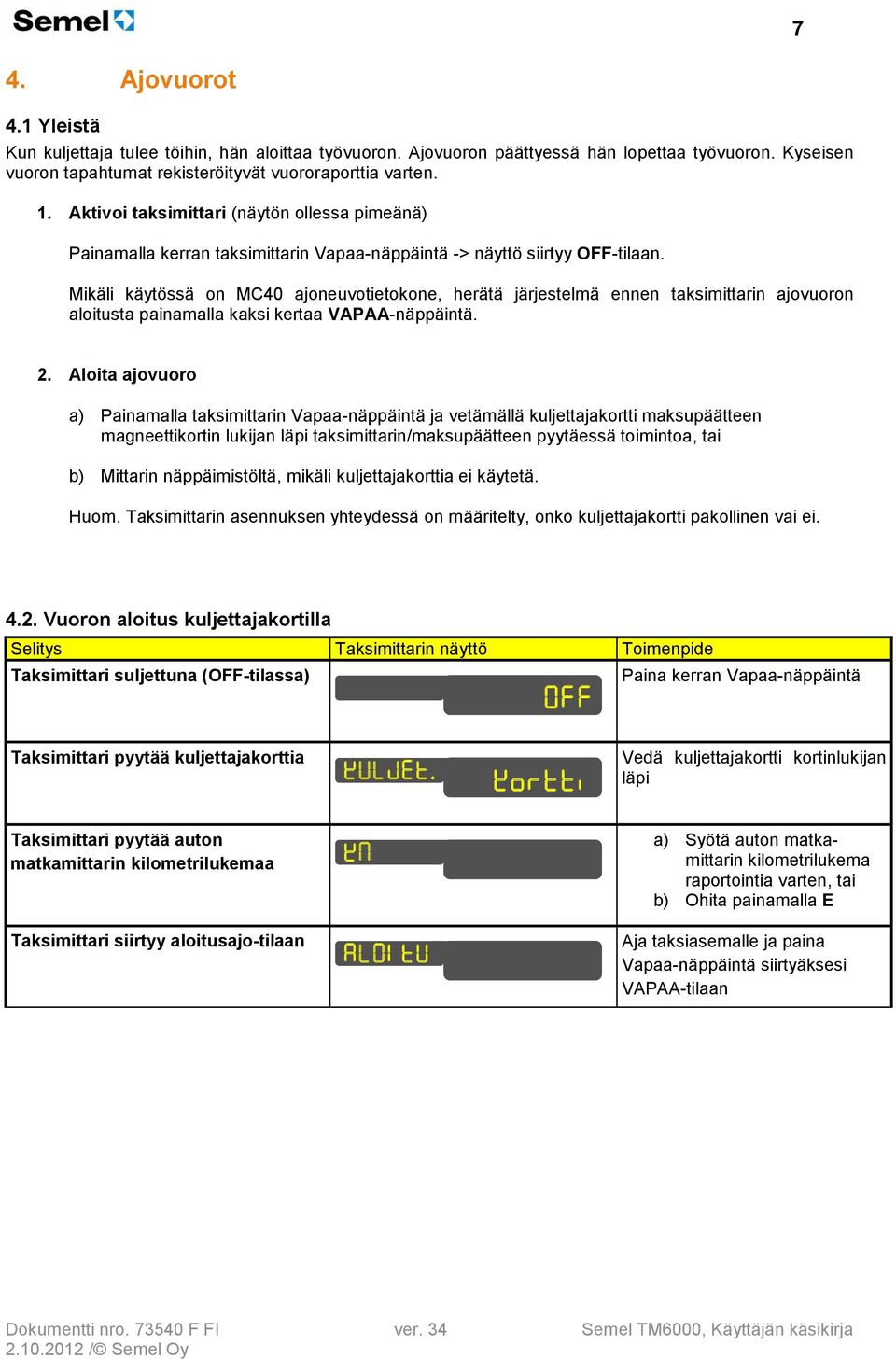 Mikäli käytössä on MC40 ajoneuvotietokone, herätä järjestelmä ennen taksimittarin ajovuoron aloitusta painamalla kaksi kertaa VAPAA-näppäintä. 2.