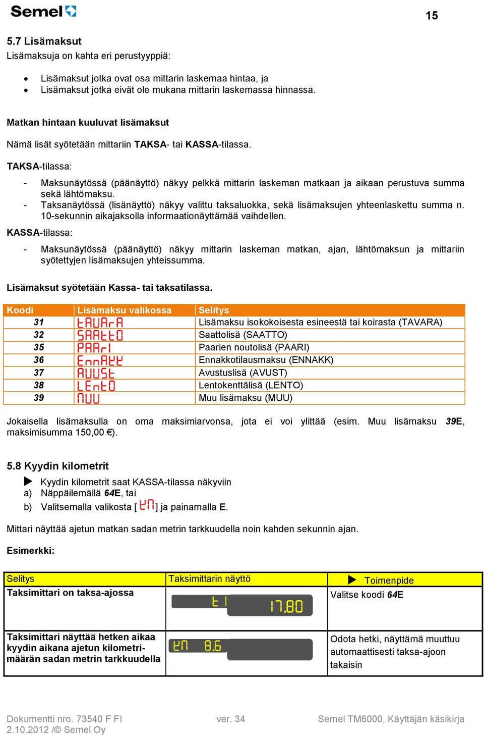 TAKSA-tilassa: - Maksunäytössä (päänäyttö) näkyy pelkkä mittarin laskeman matkaan ja aikaan perustuva summa sekä lähtömaksu.