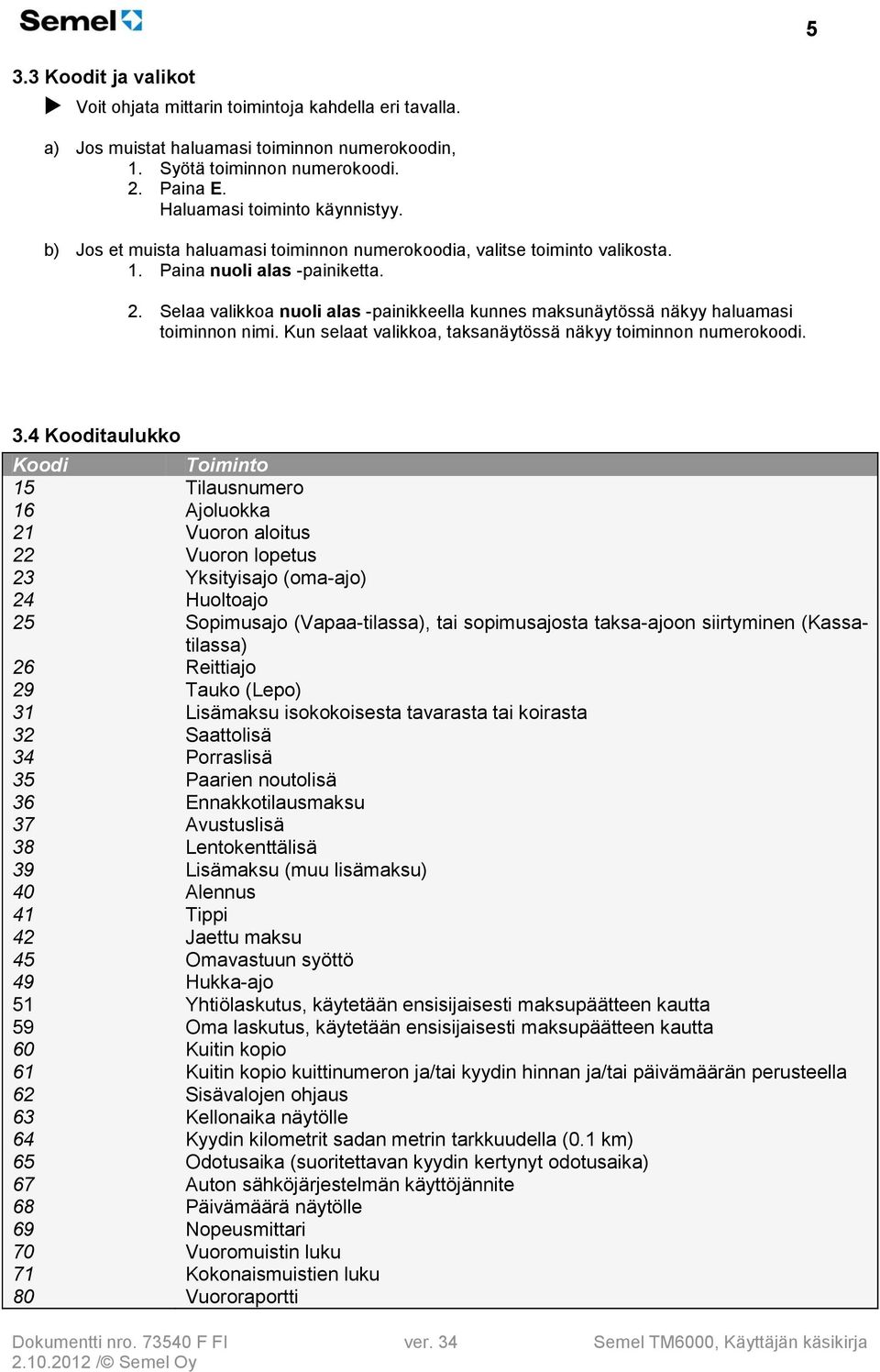 Selaa valikkoa nuoli alas -painikkeella kunnes maksunäytössä näkyy haluamasi toiminnon nimi. Kun selaat valikkoa, taksanäytössä näkyy toiminnon numerokoodi. 3.