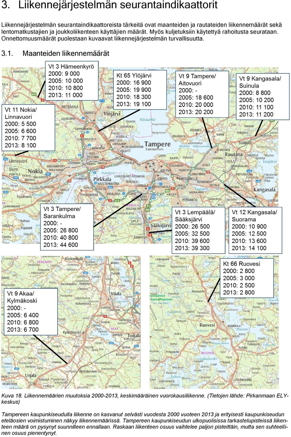 Liikennemäärien muutoksia 2000-2013, keskimääräinen vuorokausiliikenne.