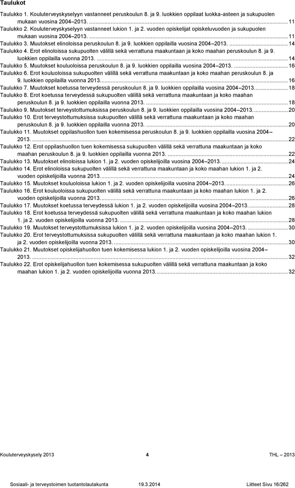 luokkien oppilailla vuosina 2004 2013.... 14 Taulukko 4. Erot elinoloissa sukupuolten välillä sekä verrattuna maakuntaan ja koko maahan peruskoulun 8. ja 9. luokkien oppilailla vuonna 2013.