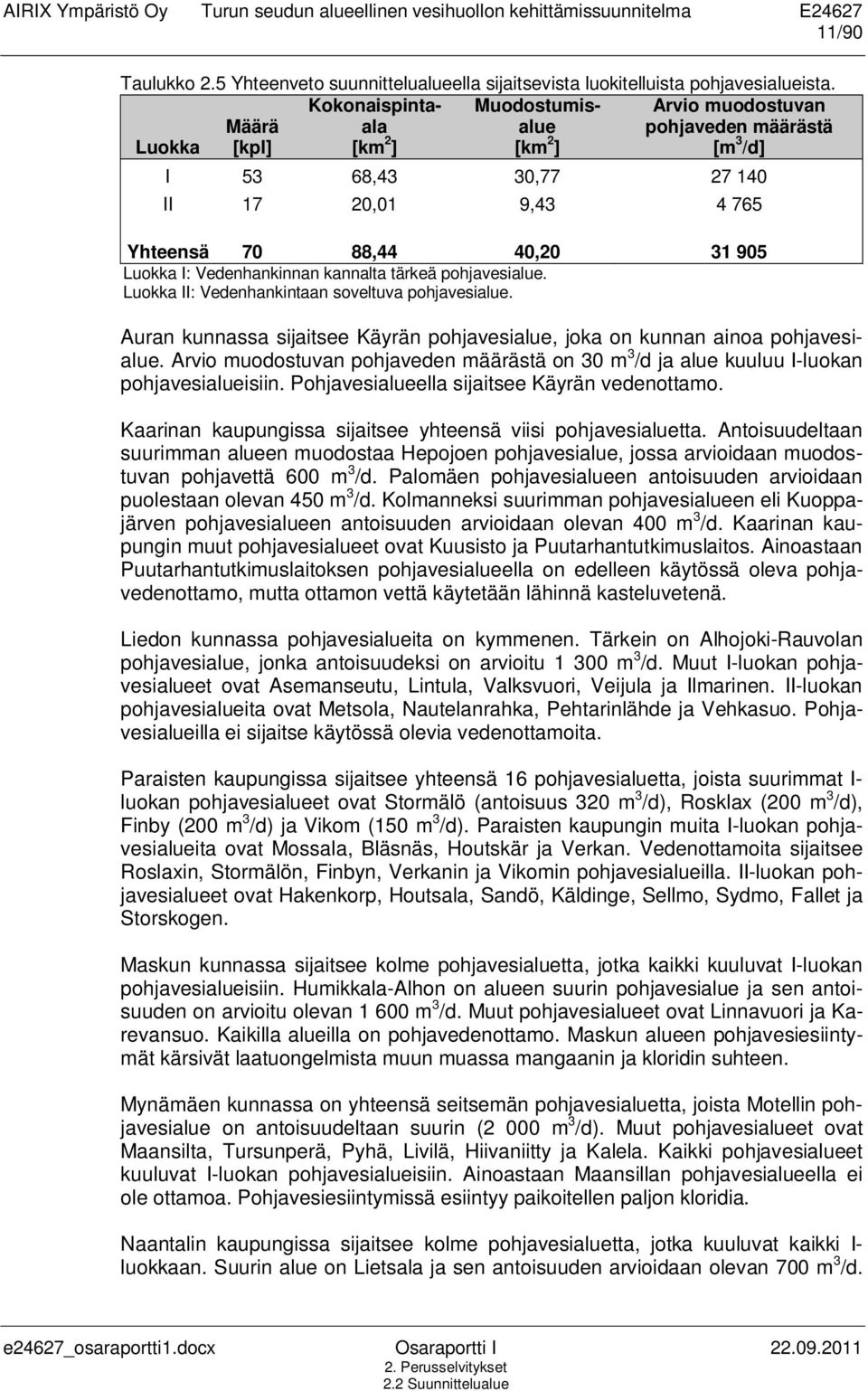 I: Vedenhankinnan kannalta tärkeä pohjavesialue. Luokka II: Vedenhankintaan soveltuva pohjavesialue. Auran kunnassa sijaitsee Käyrän pohjavesialue, joka on kunnan ainoa pohjavesialue.