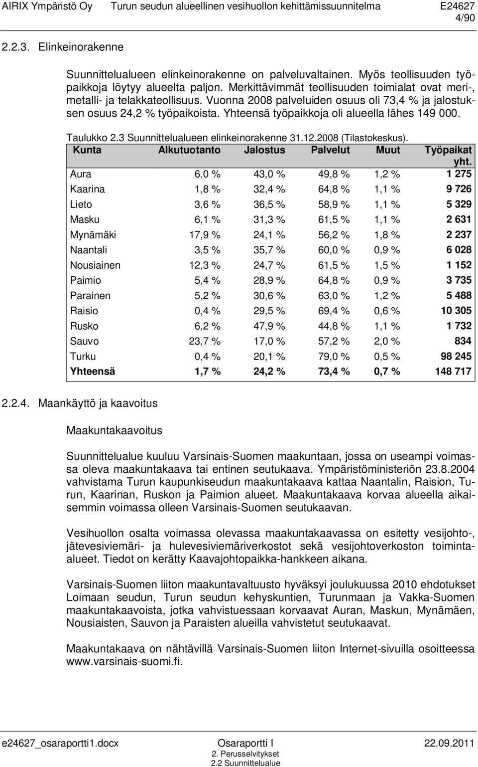 Yhteensä työpaikkoja oli alueella lähes 149 000. Taulukko 2.3 Suunnittelualueen elinkeinorakenne 31.12.2008 (Tilastokeskus). Kunta Alkutuotanto Jalostus Palvelut Muut Työpaikat yht.