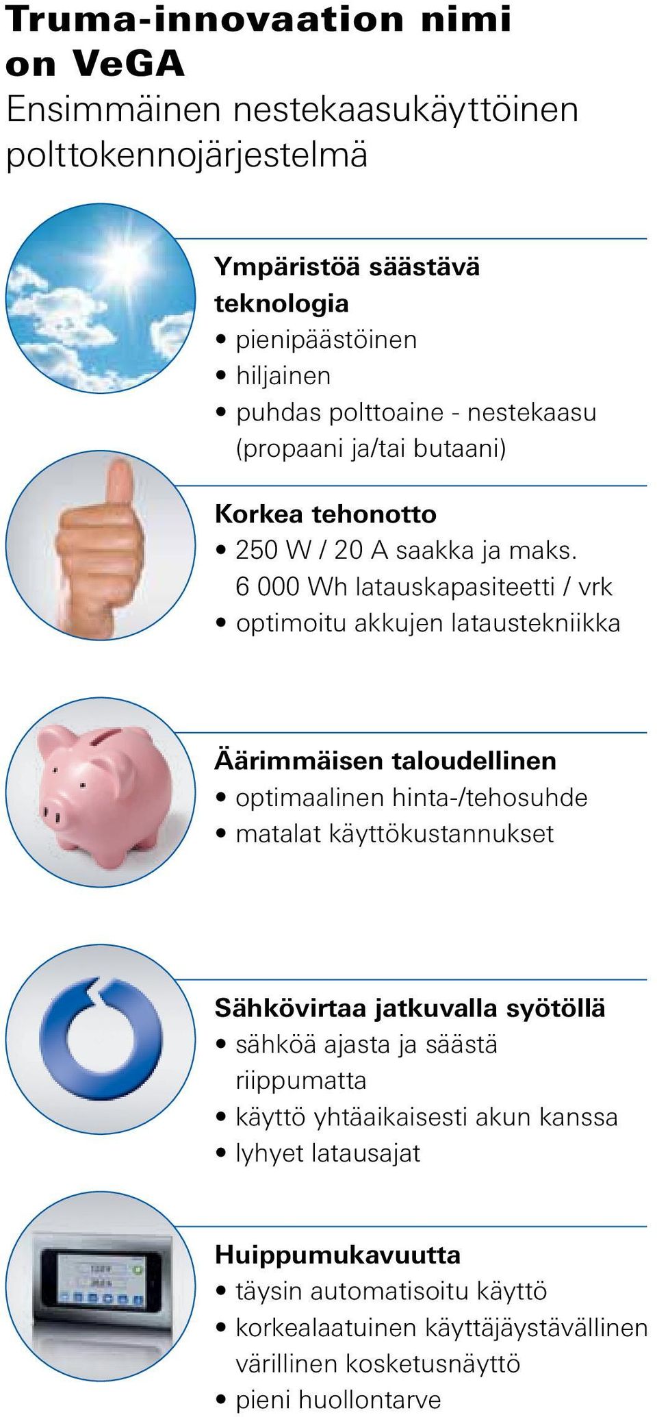 6 000 Wh latauskapasiteetti / vrk optimoitu akkujen lataustekniikka Äärimmäisen taloudellinen optimaalinen hinta-/tehosuhde matalat käyttökustannukset