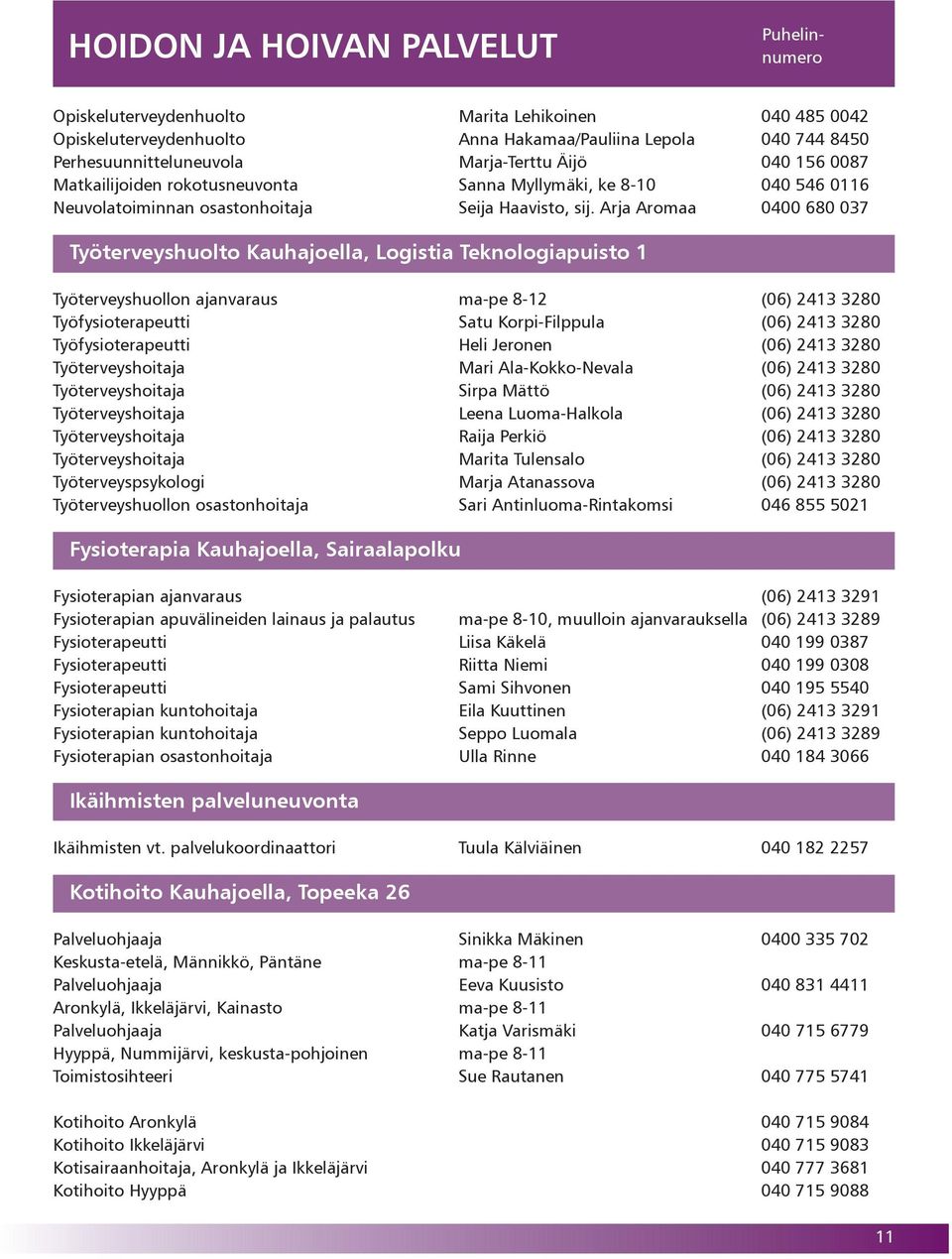 Arja Aromaa 0400 680 037 Työterveyshuolto Kauhajoella, Logistia Teknologiapuisto 1 Työterveyshuollon ajanvaraus ma-pe 8-12 (06) 2413 3280 Työfysioterapeutti Satu Korpi-Filppula (06) 2413 3280